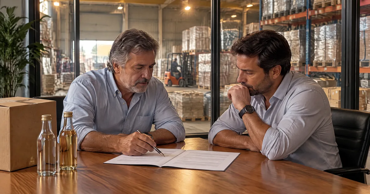 Mesa de trabajo en fábrica argentina con carta de condiciones comerciales mayoristas, muestras de producto y depósito de pallets al fondo