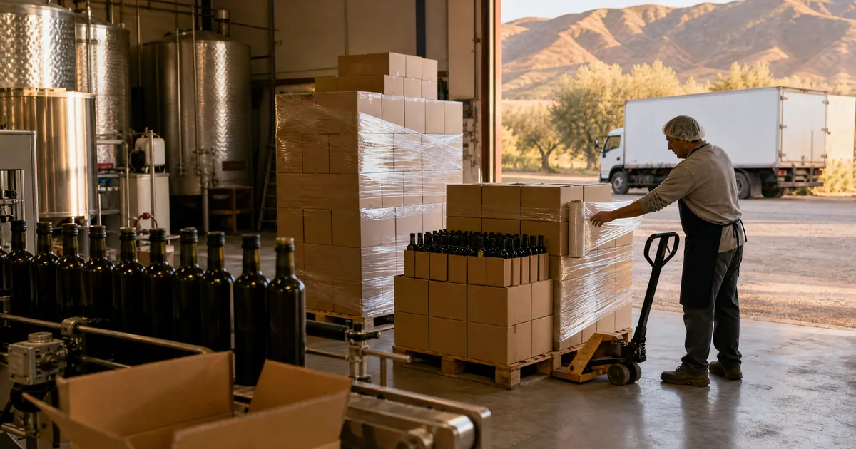 Depósito de una almazara argentina con pallets de cajas de aceite de oliva y vino filmadas, listos para despachar por expreso