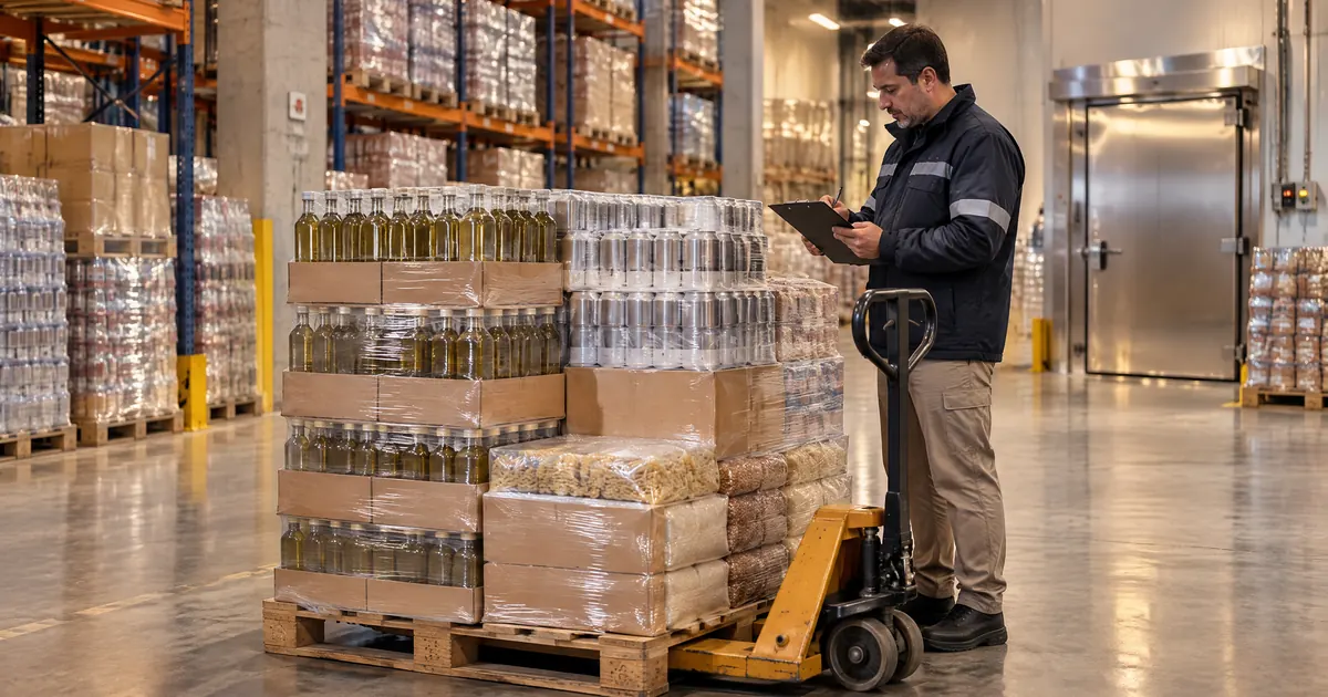 Depósito mayorista de alimentos y bebidas en Argentina con pallets de cajas cerradas listos para distribución zonal