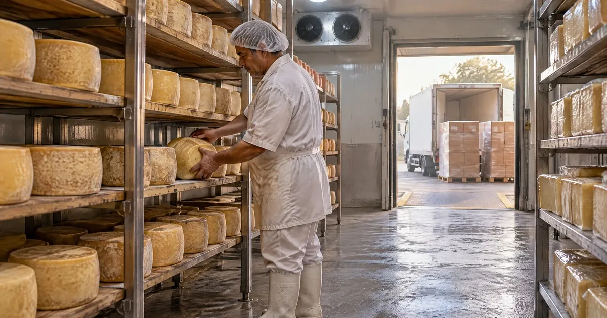 Sala de estacionamiento de una quesería argentina con hormas en estanterías y pallets de cajas listos para cargar en un camión térmico