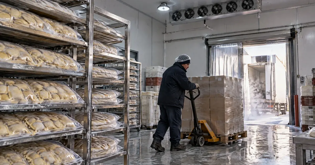 Cámara de frío de una fábrica argentina de pastas y panificados congelados con pallets de cajas filmadas junto a un camión térmico en el andén de carga