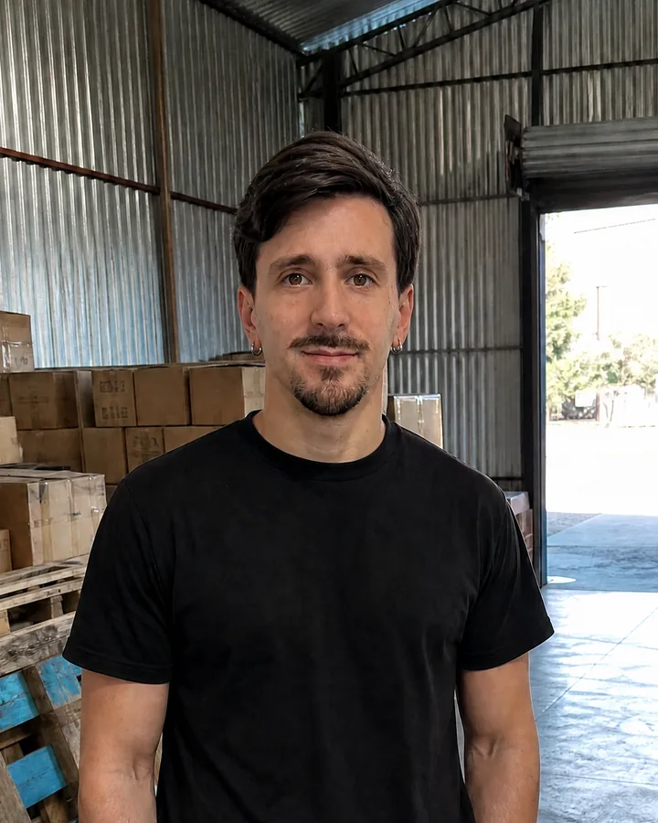 Juan San Miguel, cofundador de Duobyte, de pie en un galpón con remera negra: quien presenta en vivo el sistema DAIMA el miércoles 4/11 a las 19 hs