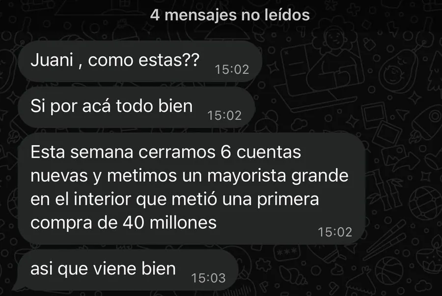 WhatsApp de un cliente: esta semana cerramos 6 cuentas nuevas y un mayorista grande del interior con una primera compra de 40 millones