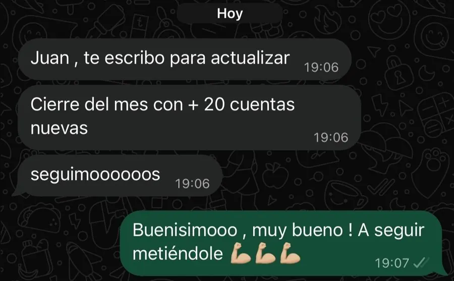 WhatsApp de un cliente: cierre del mes con más de 20 cuentas nuevas